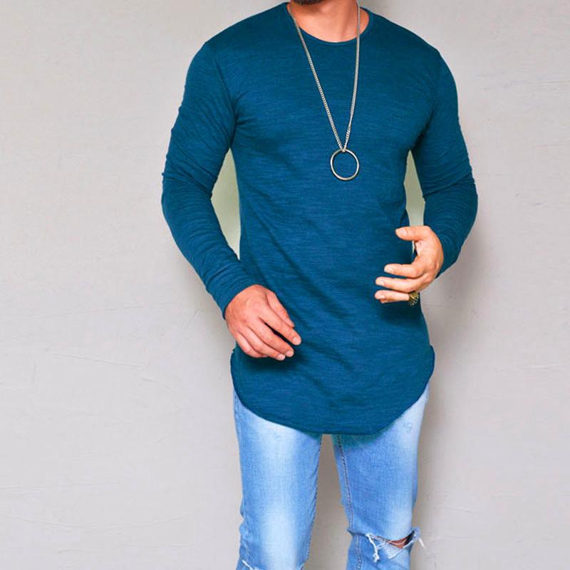 Men Longline Curved Hem Long Sleeve T Shirt Slim Fit Casual Crew Neck Tees