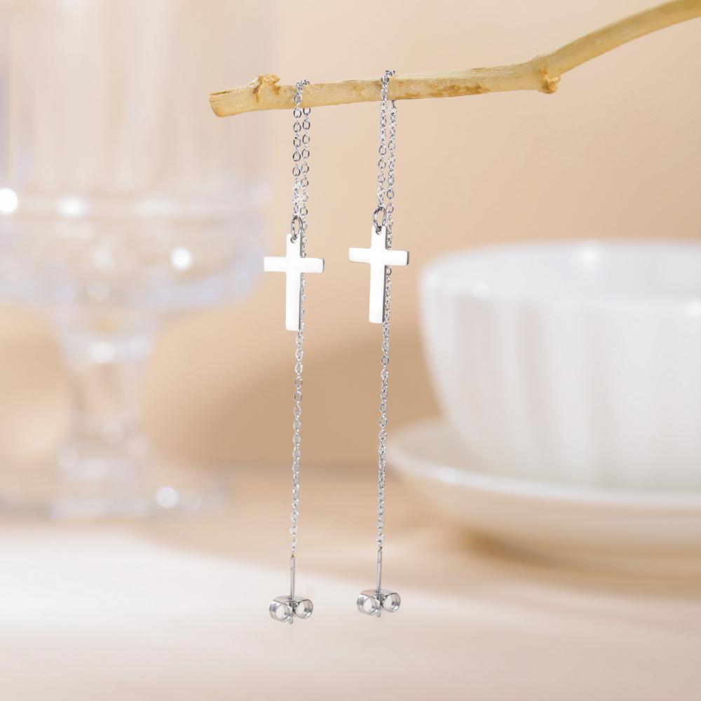 Dawapara Cross Long Earrings for Women Stainless Steel Tassel Earrings Christian Symbol Minimalism Cross Charm Religious Jewelry