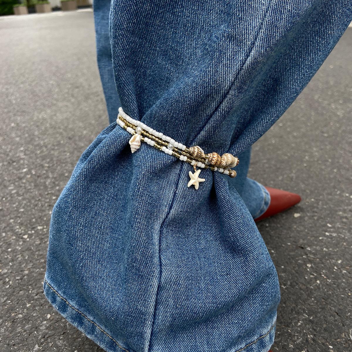 

Beach Vacation Natural Shell Starfish Anklet, Creative Elastic Rice Bead Beaded Jeans Anklet