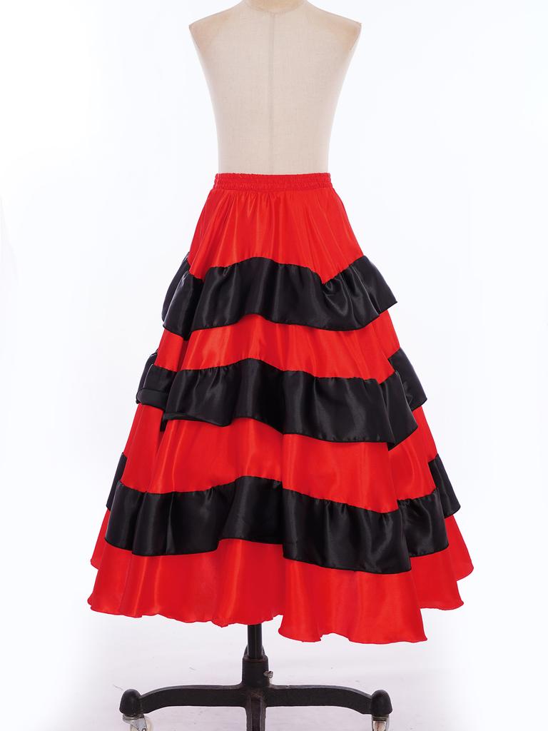 Kids Girls Spanish Dance Performance Skirt: Red Black Contrast Color Tiered Ruffles Wide Hemline Satin for Flamenco Ballroom Costume