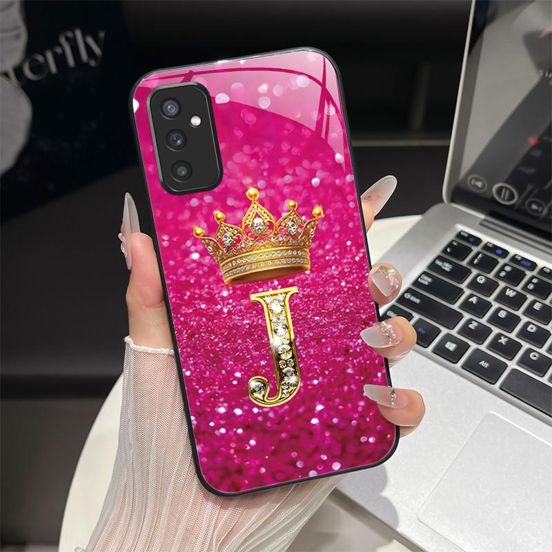 For Samsung M52 5G Case Galaxy M14 SM-M526B SM-M146B Phone Case ShockProof Fashion Initial Letter Hard Tempered Glass Back Cover