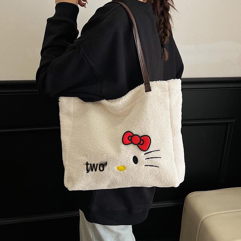 Plush Cartoon Embroidered Shoulder Tote - Women's Large Capacity Autumn/Winter Handbag