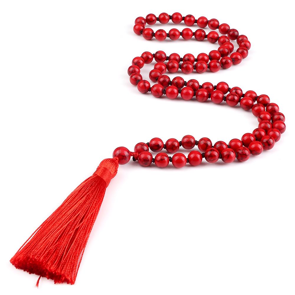 European 8mm Stone Bead Tassel Necklace and Multi-Strand Buddhist Bead Bracelet