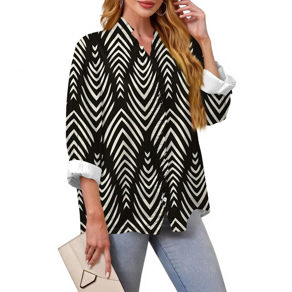 Women's Loose Ruffled Retro Floral Print Stand Collar Long Sleeve Cotton And Linen Top