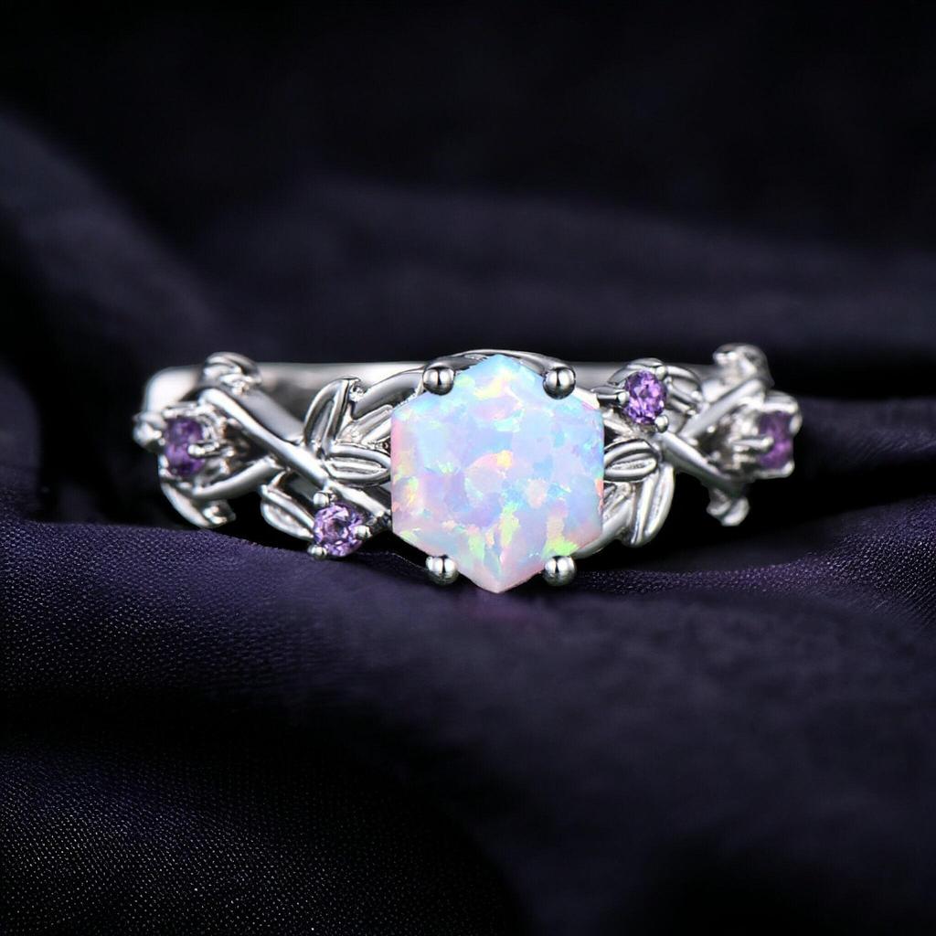 Twig Opal Ring Vintage Hexagon Cut White Opal Engagement Ring White Gold Leaf Amethyst Ring Women October Birthstone Ring Anniversary Gifts