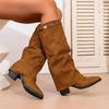 2025 Autumn British Style Ruched Knee-High Chunky Heel Fashion Boots for Women In Plus Sizes