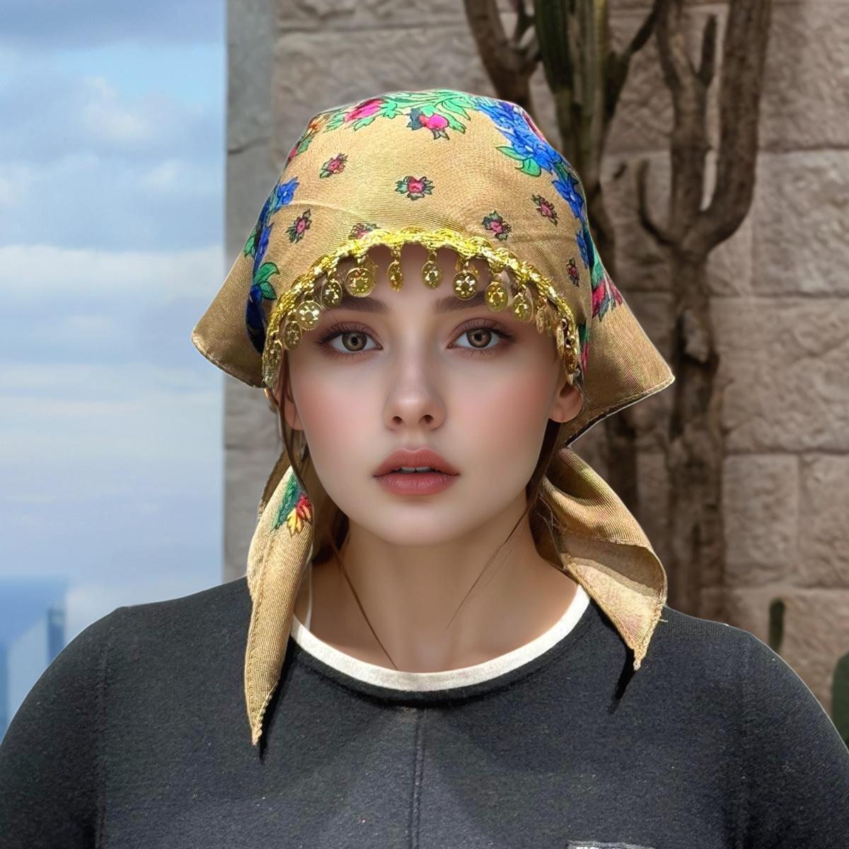 New Ethnic Style Peony Printed Gold Sequin Triangular Headscarf For Women 105