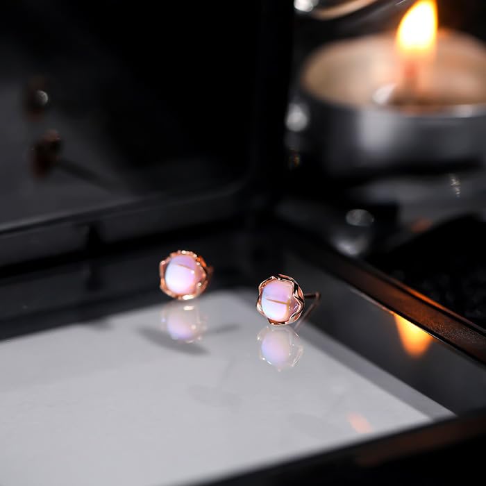Women's Synthetic Moonstone Earrings, June Birthstone, Single Power Stone, Hypoallergenic, Silver 925, Pink Gold, Simple, Gift for Her