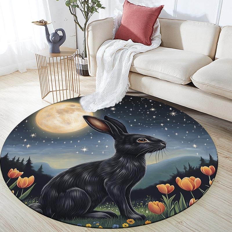 Rabbits in Flower Bush,Round Area Rug,Carpet Rug for Living Room Bedroom Sofa Playroom Decor,Non-slip Floor Mat