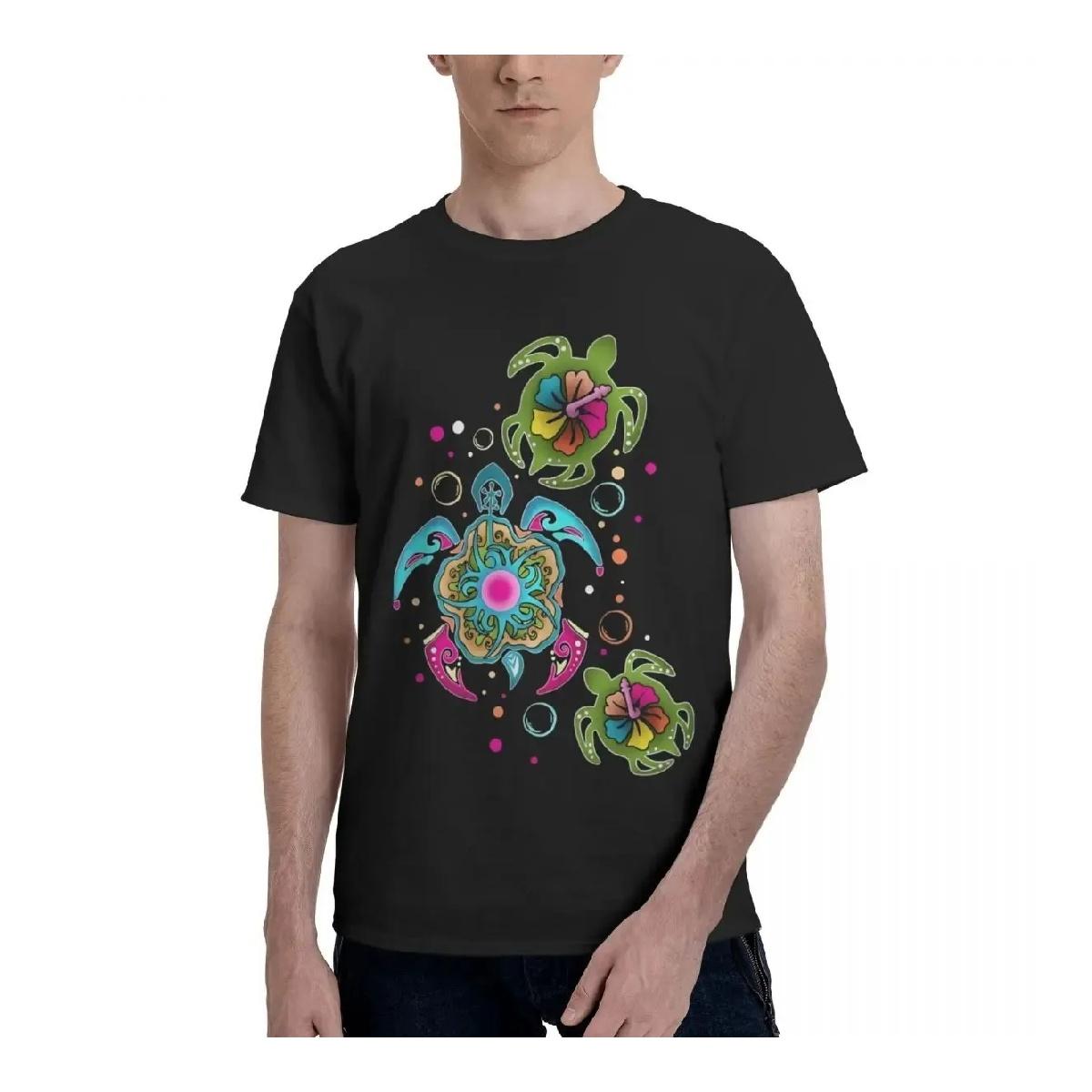 

Colorful Floral Turtle Graphic Men s T-Shirt Breathable Crew Neck Short Sleeve Tee Trip S чёрный