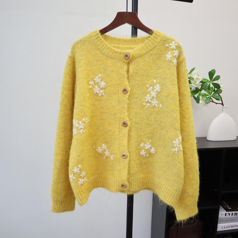 

Кардиган вязаный свободного кроя с вышивкой, с круглым вырезом, новый, мягкий, восковой, милый, нежный, ветровка-свитер для женщин, осень-зима one size fits all жёлтый