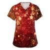 Women's V-Neck Scrub Top with Christmas Print Short Sleeve Pocket Side Slit Caregiver Uniform