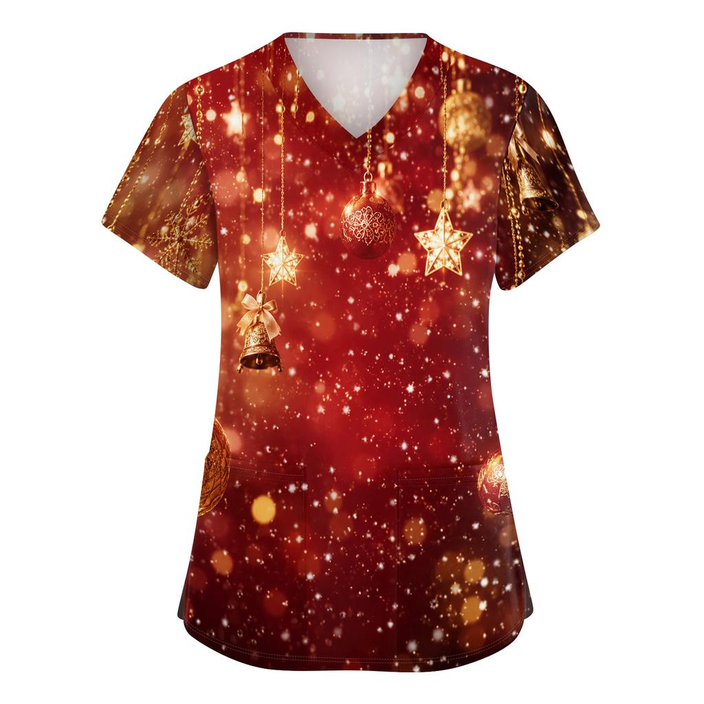 Women's V-Neck Scrub Top with Christmas Print Short Sleeve Pocket Side Slit Caregiver Uniform