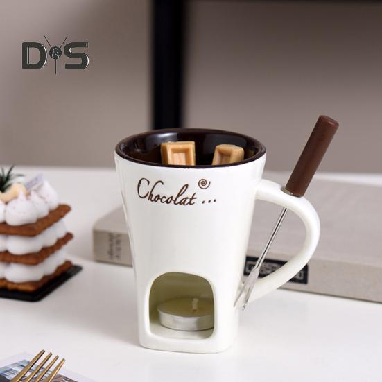 Schokoladenfondue-Becher, 130 ml, Keramik-Schokoladenfondue-Kaffeetasse mit Gabeln, Schmelzbecher für Schokolade, Käse, Butter, leicht zu reinigen, vielseitiger Schmelzbecher