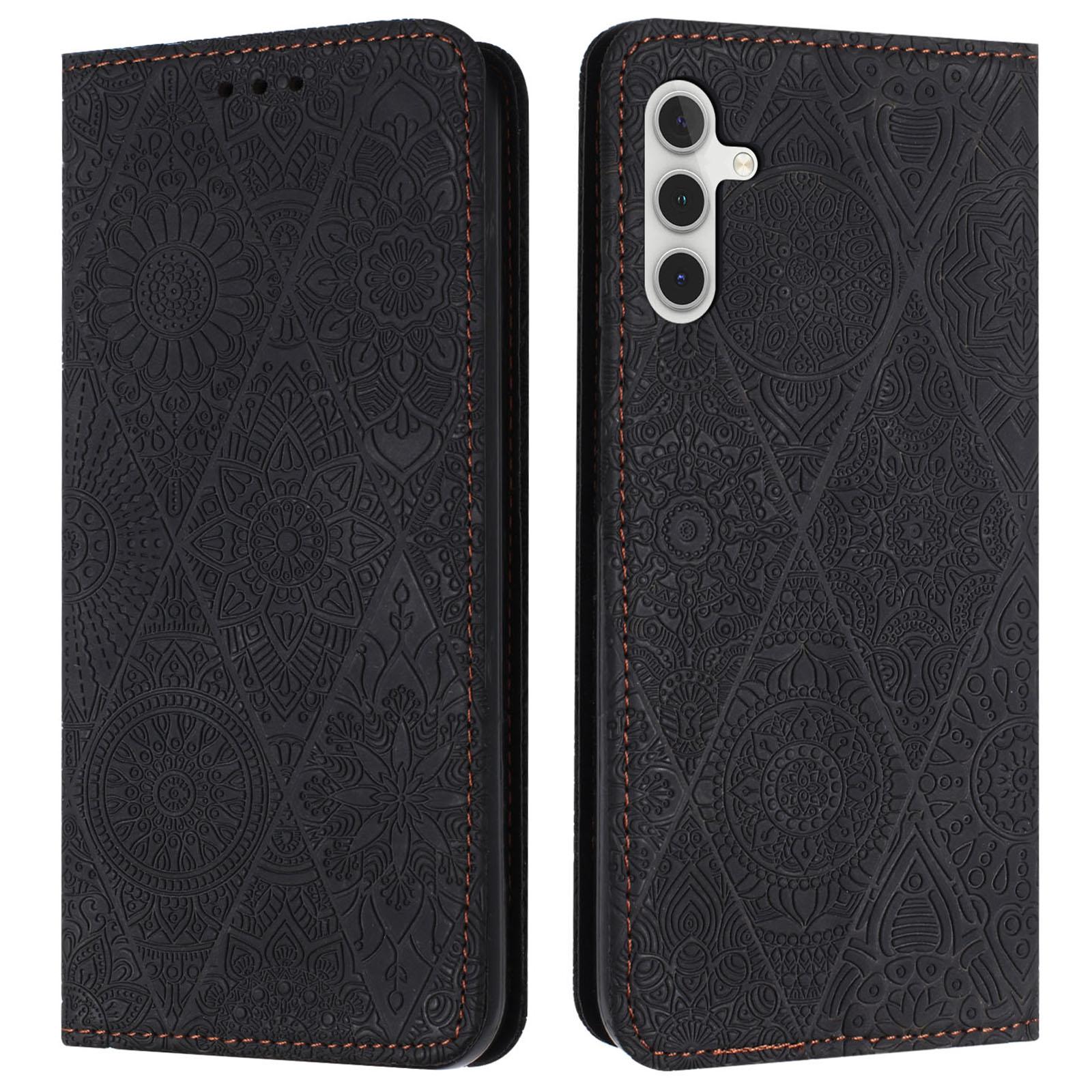 

For Samsung Galaxy S25 FE Case Imprinted Flower Wallet Stand Leather Phone Cover Black