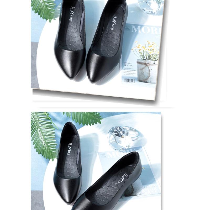 Women Black Leather Block Heel Pumps Comfortable Office Work Shoes