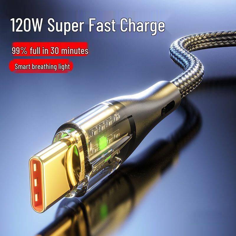 120W Luminous Braided Type-C Cable for Huawei, Xiaomi, Vivo, Oppo - Transparent, 6A Super Flash Charge