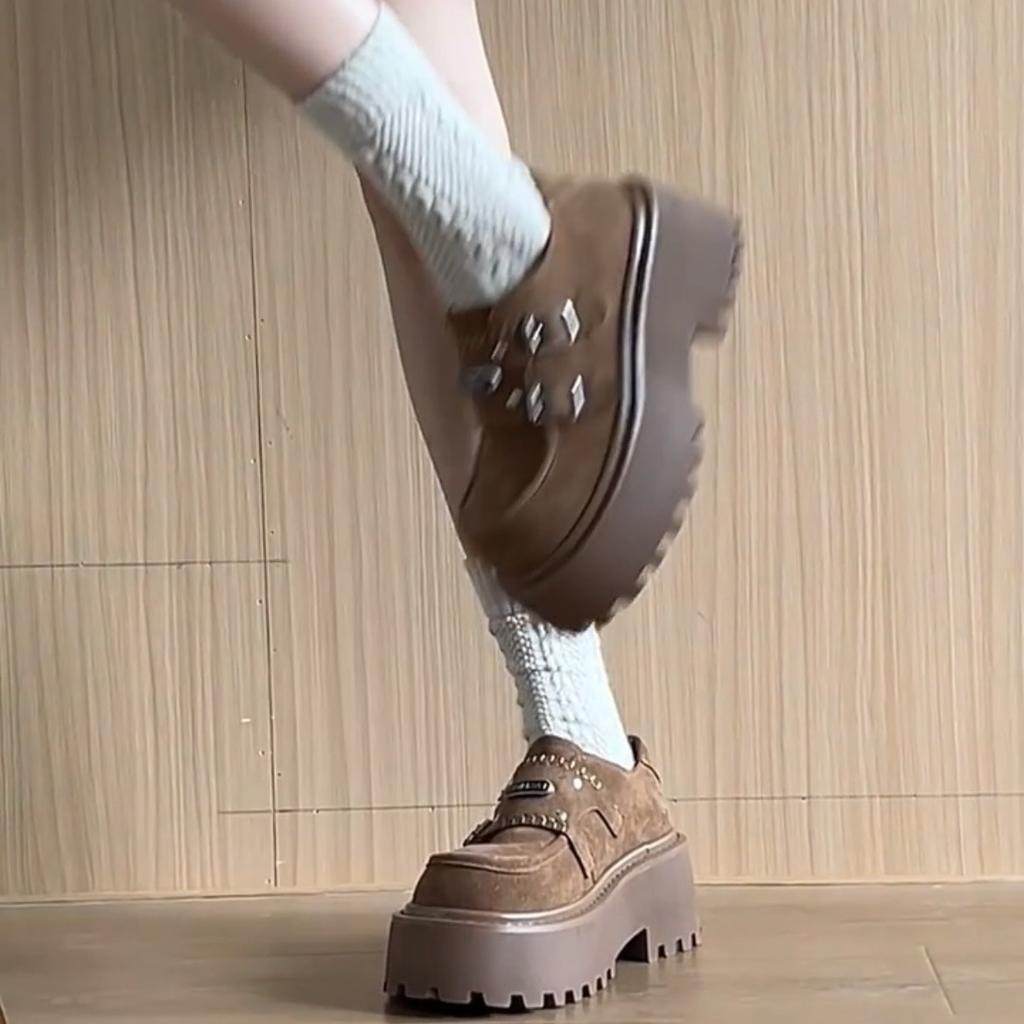 Vintage Maillard thick-soled round head deep-mouth single shoes women's 2025 winter new versatile height-increasing college style loafers