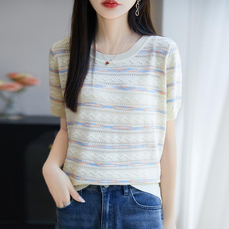 Women Knit T-shirt Summer Knitted Shirt Short Sleeve Tees O-neck Pullover Knit Tops Female