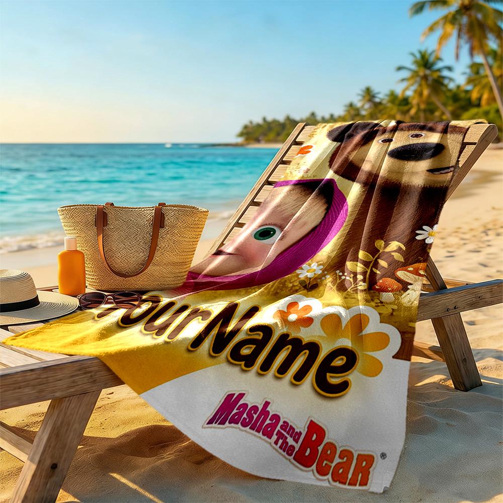 Masha Bear Personalized Text Beach Towel High Absorbency & Quick-Dry Perfect for Traveling Yoga Camping and Swimming