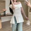 Summer New Korean High-end Paper Person Split Fork One-word Shoulder Waist Knitted Shirt Top