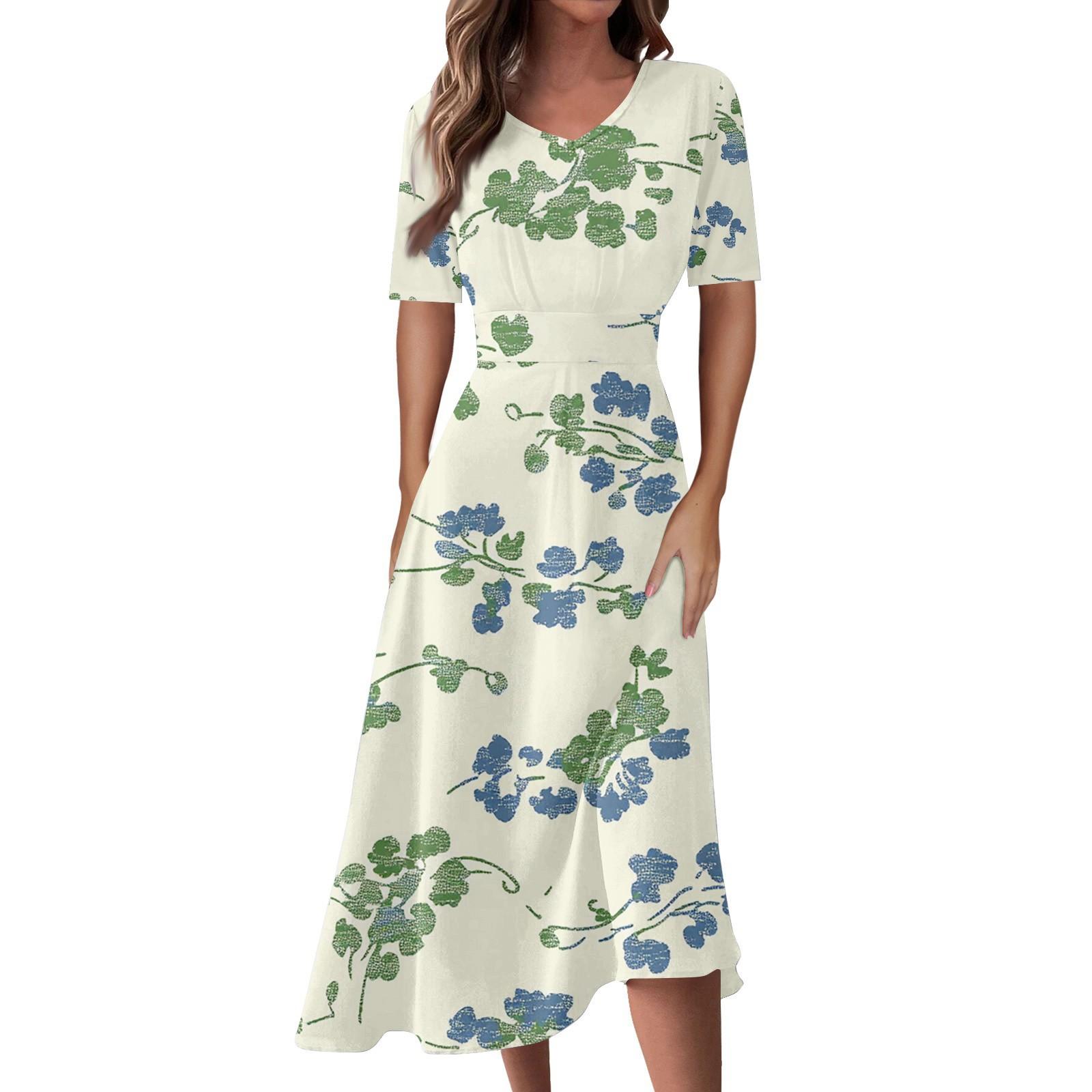 

Женская повседневная мода Цветочный (лист) Платье-халат с принтом, V-образным вырезом, короткими рукавами и длинной юбкой-халат L синий