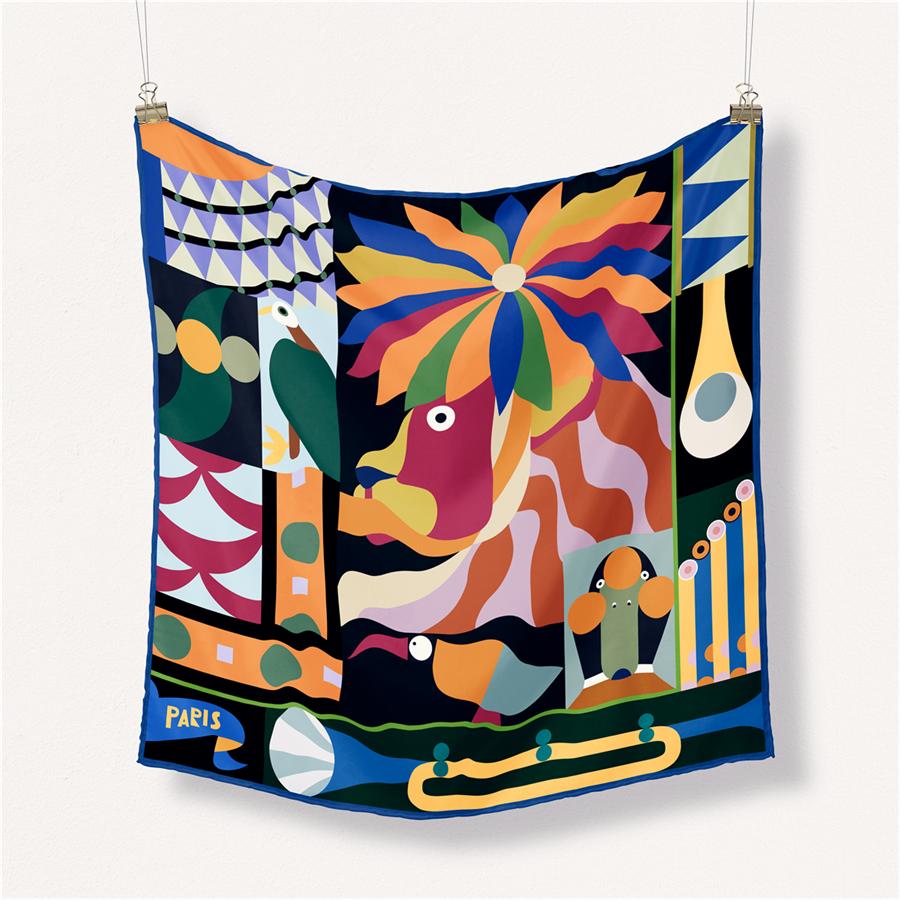Twill Silk Scarf Woman Graffiti Painting Square Scarves Wraps Bandana Small Hijab Silk Foulards Tie Headband Neckerchief 53CM