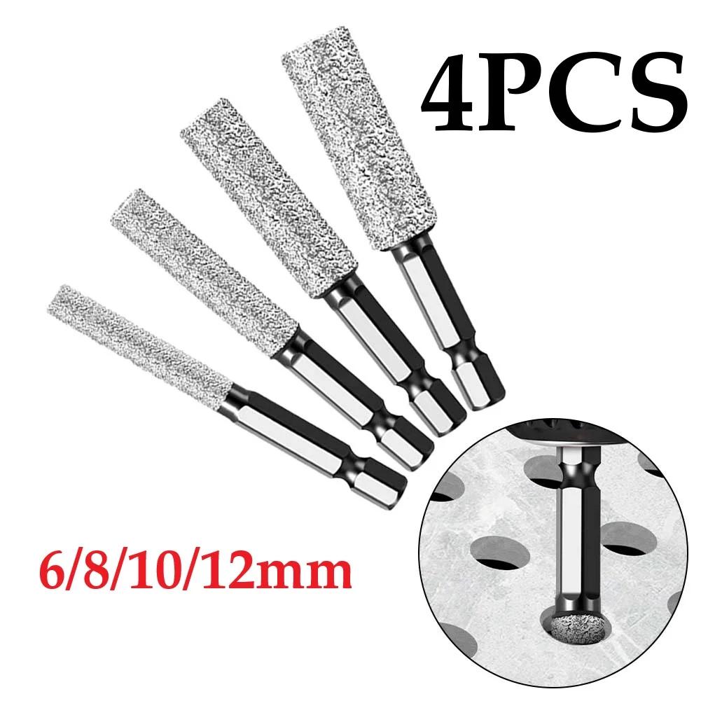 4pcs Hole Opener Vacuum Brazed Dry Drill Bit 6/8/10/12mm Hole Cutter Hex Handle Grinding Trimming Tile Marble Drilling Drill Bit