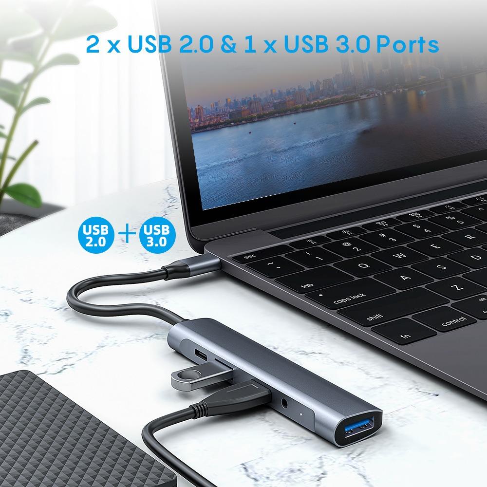 5 In 1 Type C Hub PD60W Fast Charging 35mm Mic Dock for Laptop Tablet