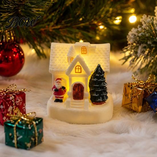 Snowy Cottage Figurine LED Lighted Christmas Village House Statue, Light Up Small Figurines with Santa Claus Relief Statue Xmas Tree Claus,