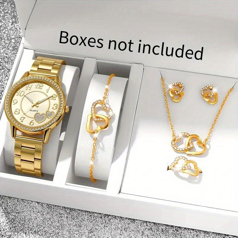 

6pcs/set-New Women s Water Diamond Love Fashion Quartz Watch Set, Comes with Bracelet, Necklace, Ring and Earrings, Holiday Gift золотой