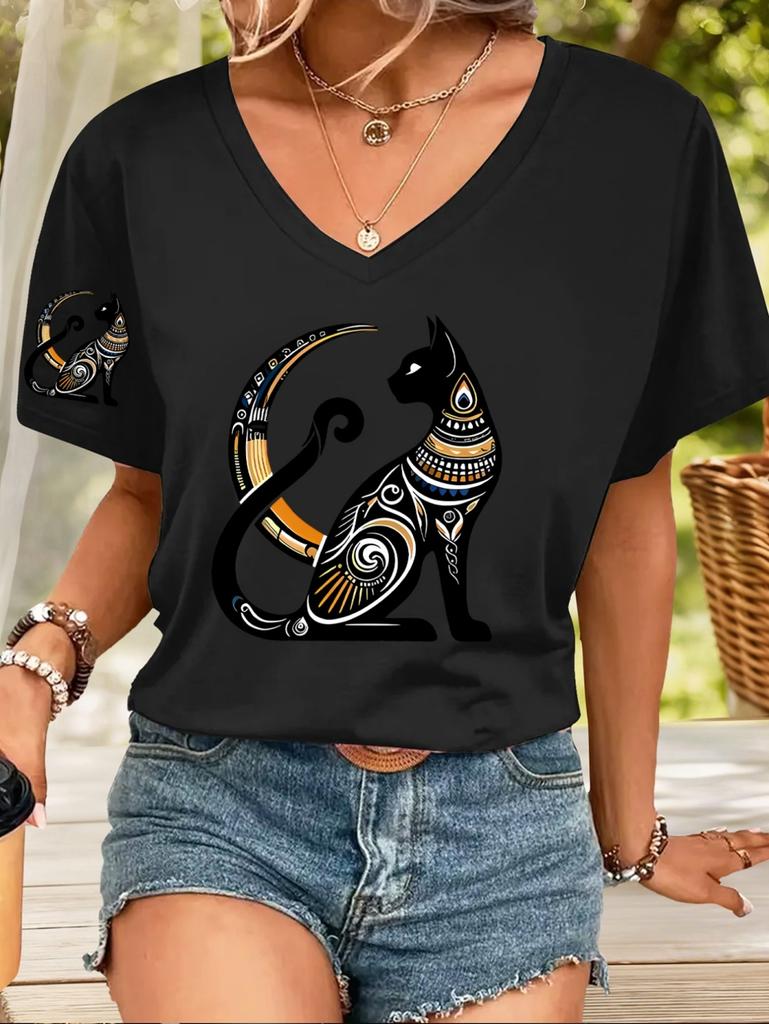 2026 New Summer Women's Fashion T-Shirt Short Sleeve 3D Cat Print Top Tees V-Neck Casual Woman Graphics Clothes Women's Clothing