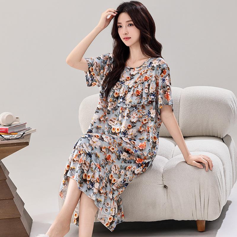 Women's cotton and silk nightdress loose short-sleeved round neck large size medium and long skirt soft and breathable digital printing anti-bumping 
