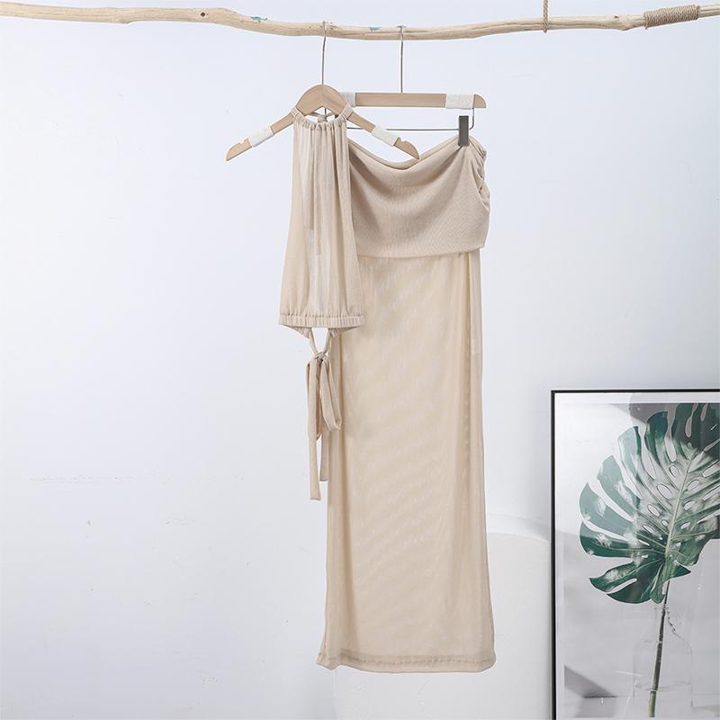 

Женские юбки, сексуальный прозрачный топ без рукавов с открытой спиной и бретельками через шею, комплект из плиссированной юбки, женские наряды L шампанского