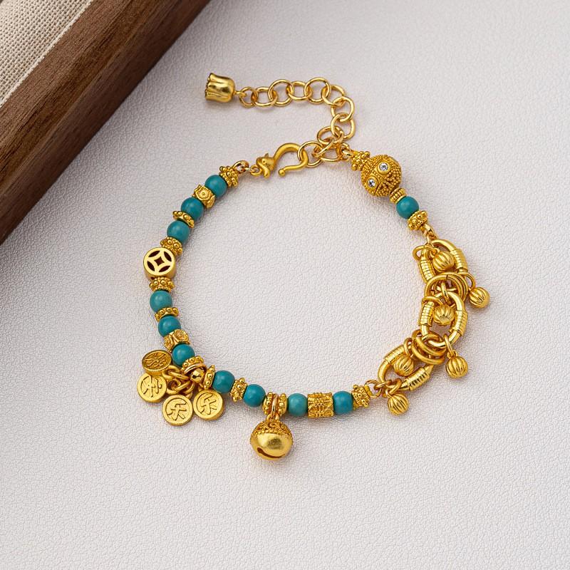 Vintage Turquoise Beaded Bracelet Women Elegant Minimalist Layering Jewelry Geometric Design Natural Texture Electroplated 8647
