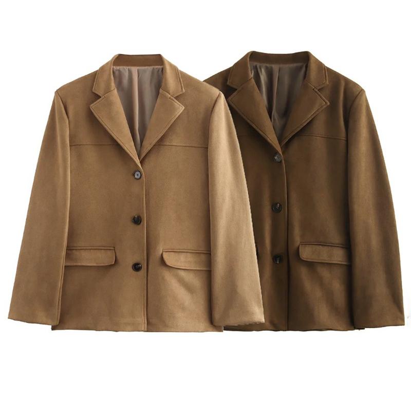 Jachetă de piele de căprioară vintage pentru femei cu rever cu buzunar paltoane pentru femei Hight Street Casual modă cardigan cu mânecă lungă toamnă iarnă jachete de bază maro