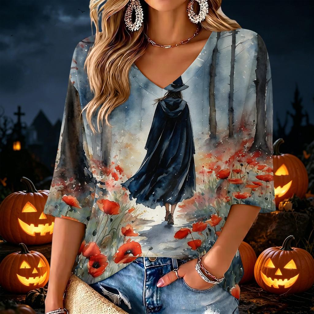 Women's V-Neck Halloween Print Lightweight Top for Spring and Summer