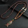 Unisex Handmade Nepal Buddhist Mala Wood Beads Pendant Necklace Boho Hippie Style Ethnic Long Pendant Men Women's Lucky Jewelry