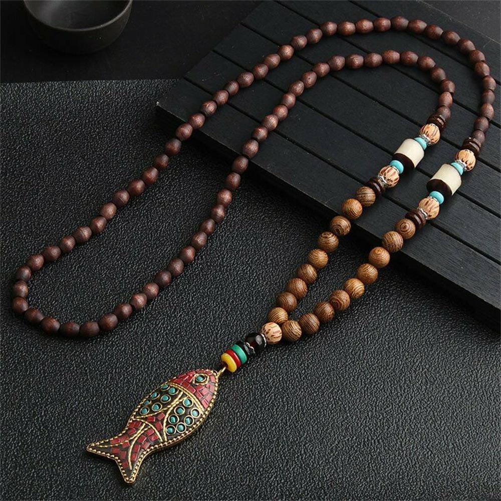 Unisex Handmade Nepal Buddhist Mala Wood Beads Pendant Necklace Boho Hippie Style Ethnic Long Pendant Men Women's Lucky Jewelry