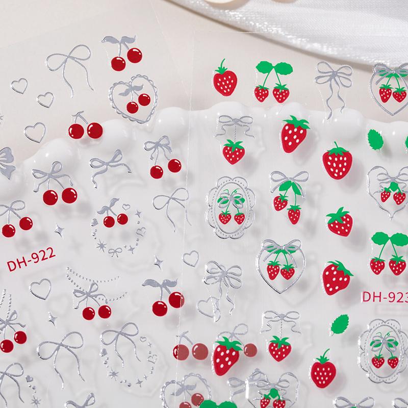 Fresh Sweet Fruits Strawberry Cherry Bowknot Love Heart Bow 5D Nail Art Stickers Self Adhesive Decorations Nail Manicure Decal