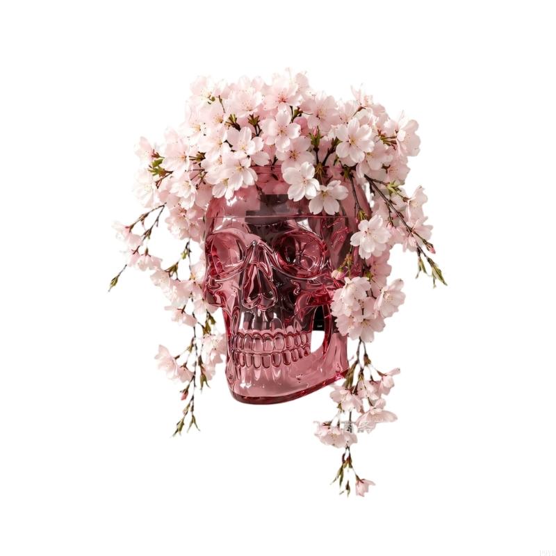 Faux Flower Skull Wall Vase in Pink, Halloween Wall Accent for Alternative Home Styling, Single Piece Room Display for Indoor Wa