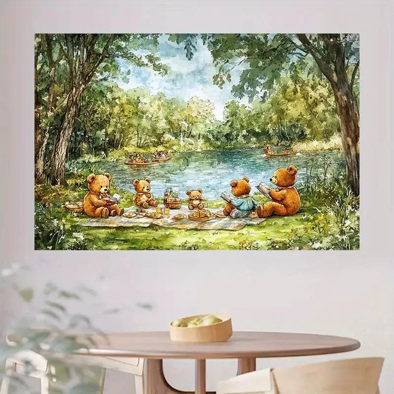 1 piece of Teddy bear picnic backdrop - Scenery of forest lake and canoe scene with green plants and flowerszyc