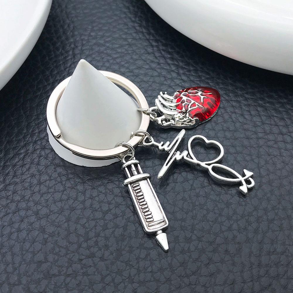 Antique Silver Syringe & Stethoscope Keychain with Red Heart ECG Pendant