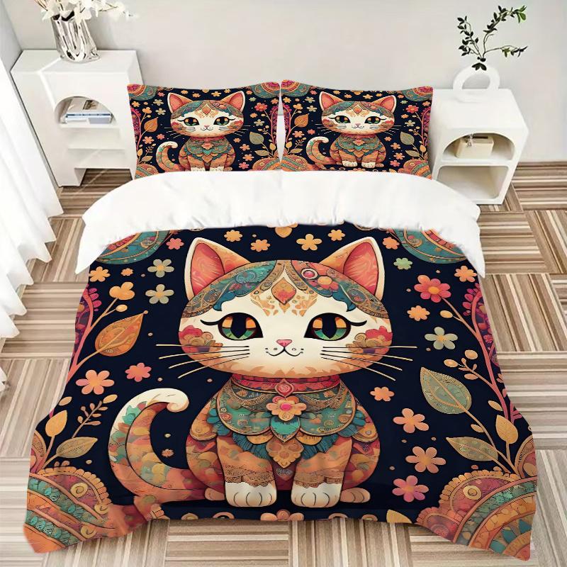 3pcs Ancient Cat Art Printed Bedding Set, Soft and Comfortable Quilt Cover for Bedroom, Guest Room (1 Duvet Cover + 2 Pillowcases, Pillow Co