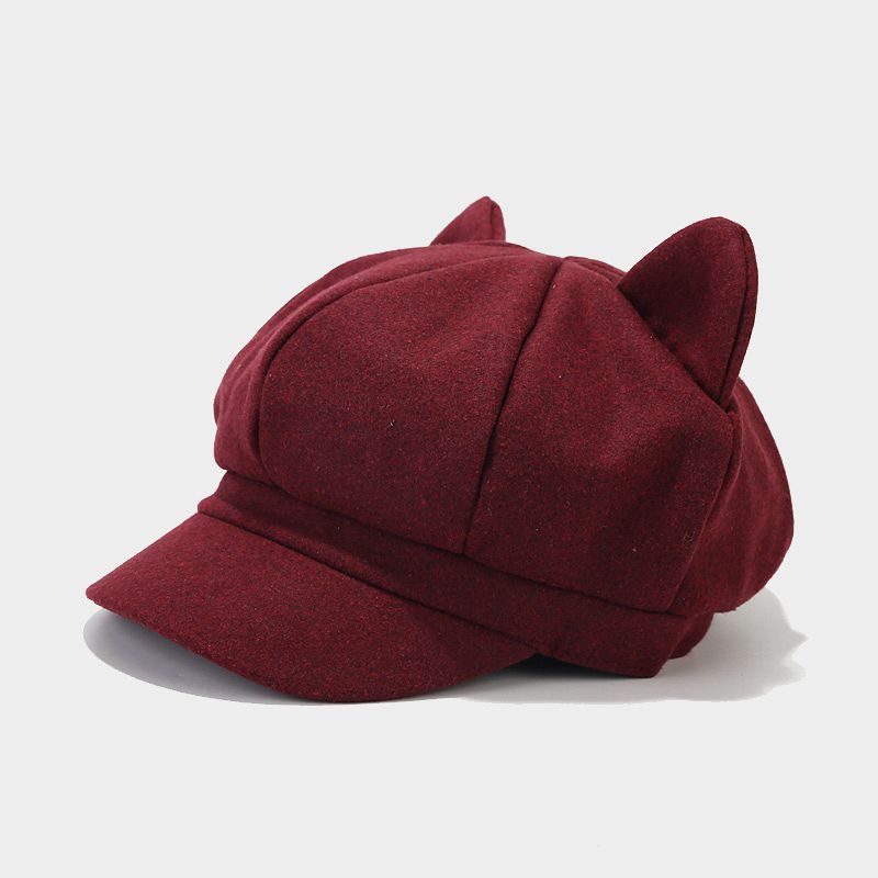 Cat Ear Hat For Women Autumn Winter Wool Blend Retro Octagon Cap With Sun Protection