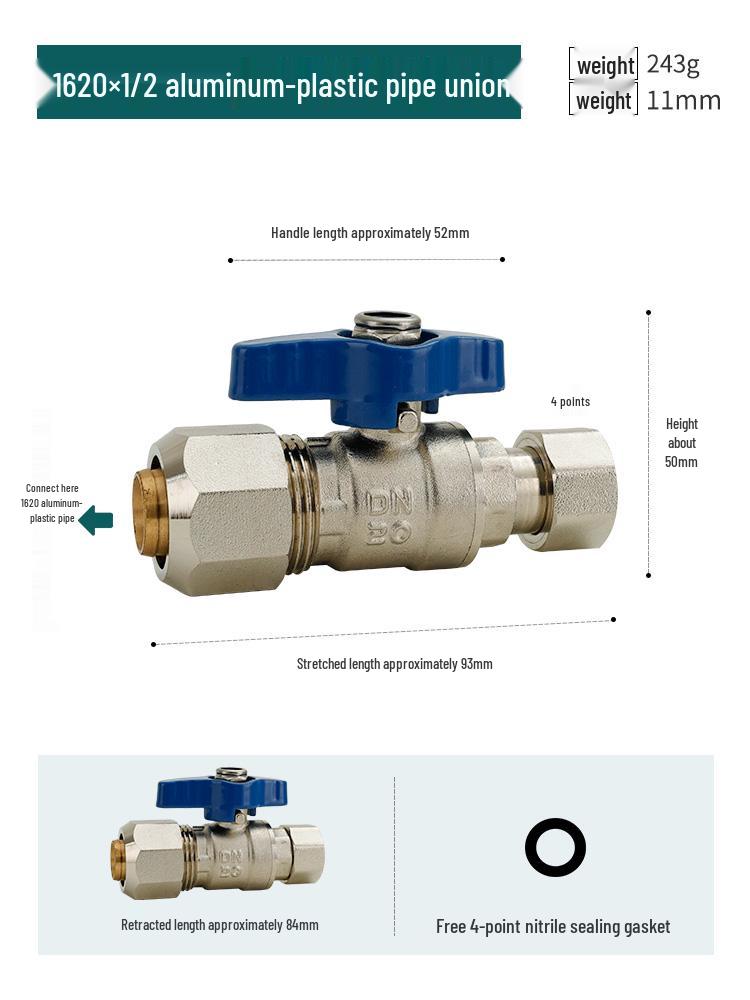 All-Copper Aluminum-Plastic Pipe Compression Ball Valve for Underfloor Heating - Internal Thread, Solar 1216/1620/2025