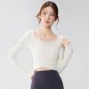 Women's Long-Sleeve Off-the-Shoulder Yoga Top with Built-in Bra - Slimming, Flattering Fit for Pilates and Fitness.