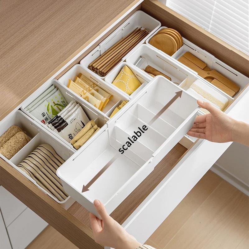 2Pcs Home Pull-Out Storage Box Drawer Telescopic Organizing Box Cosmetics Plastic Bedroom Study Partition Telescopic Box