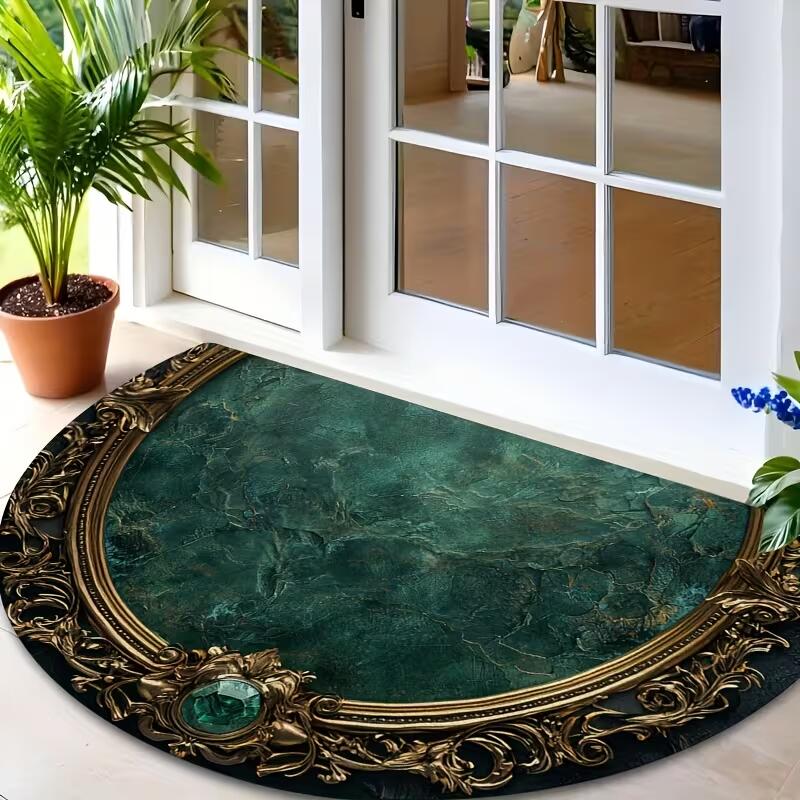 1pc Luxury Semicircle Doormat with Intricate Golden Frame - Non Slip Mat Indoor/Outdoor Use Hand Wash Only Durable Polyester Elegant Green And Golden Fashionable - Home Decor