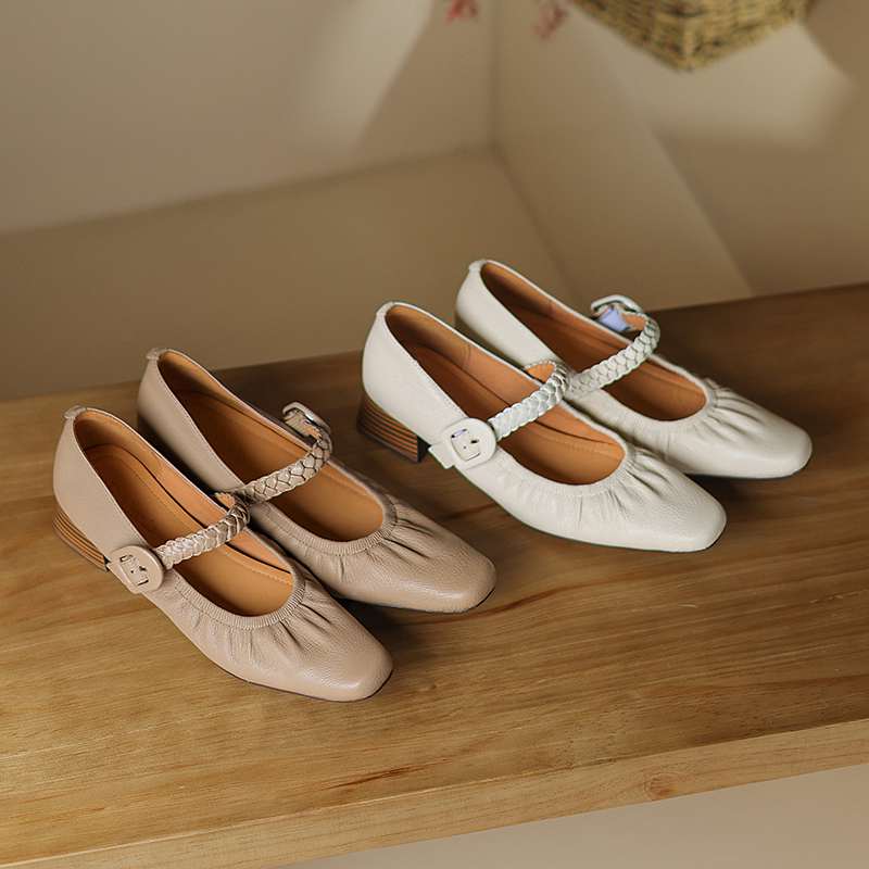 Krazing Pot Sheep Skin Summer Spring Autumn Med Heels Buckle Straps Women Square Toe Shallow Pumps